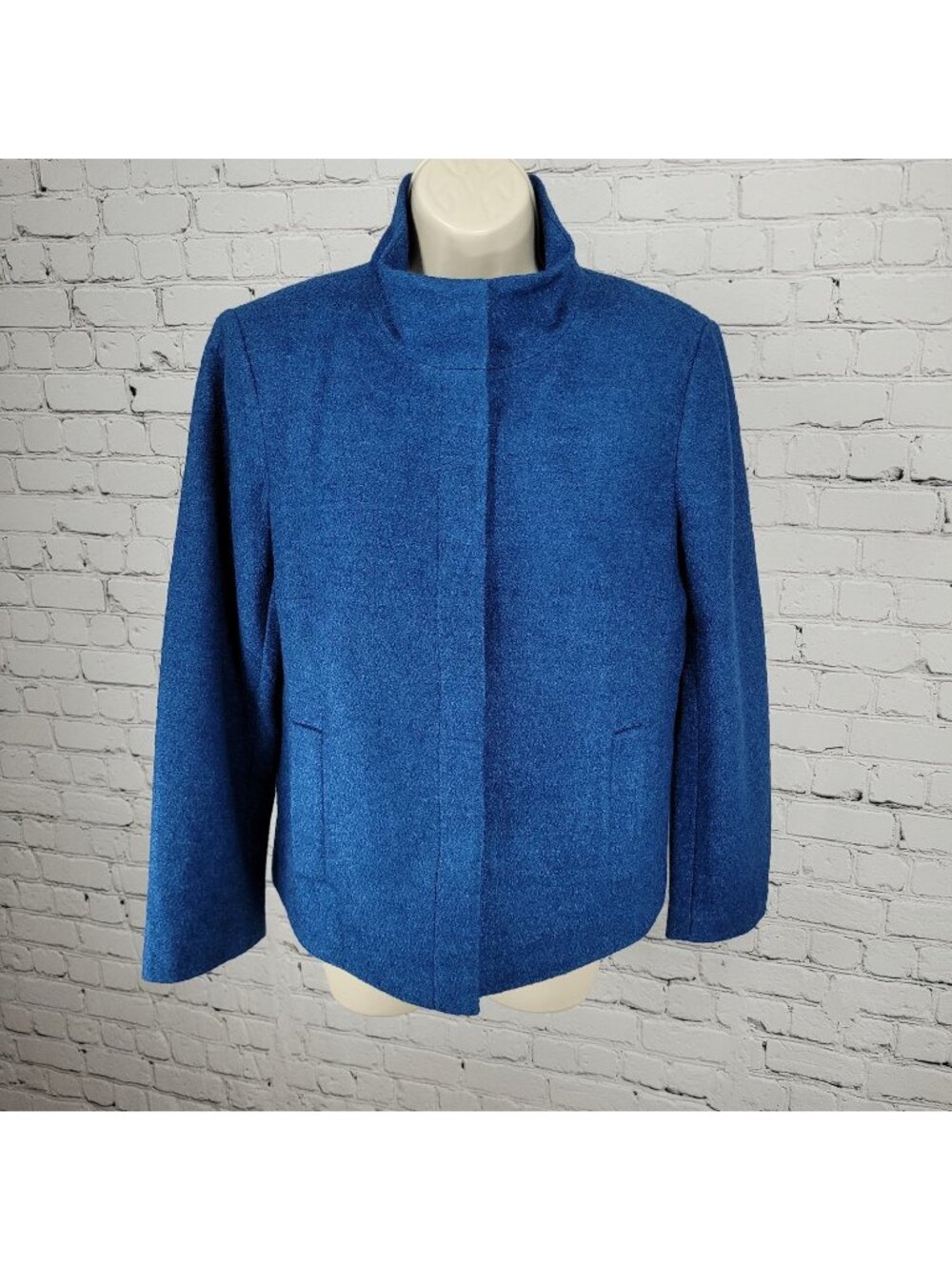 Talbots Blue Wool Blend Lightweight High Neck Snap Lined Pockets Jacket Size 6